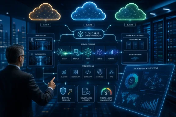 Technologist views a futuristic cloud hub linking multi-cloud, on-prem, edge, and AI data pipelines in a server room.