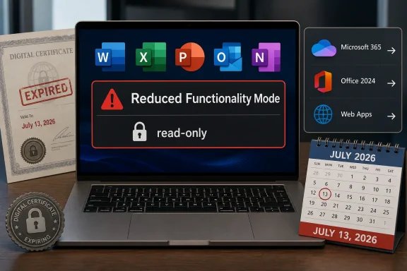 Laptop screen shows “Reduced Functionality Mode” with a read-only warning, alongside expired digital certificates.