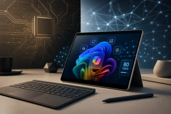 Laptop with colorful Windows logo and “80 TOPS” display on a desk, set against a futuristic circuit backdrop.
