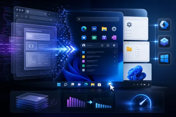 Futuristic desktop interface collage with app icons and data/tech visuals on a blue cyber backdrop.