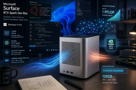 Microsoft Surface RTX Spark dev box shown with AI compute UI and model code on a blue-lit desktop.