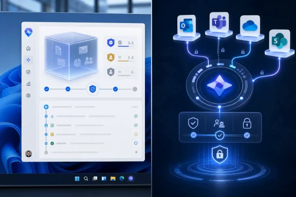 Split-screen shows secure cloud computing dashboards with a shield, icons, and network connections.