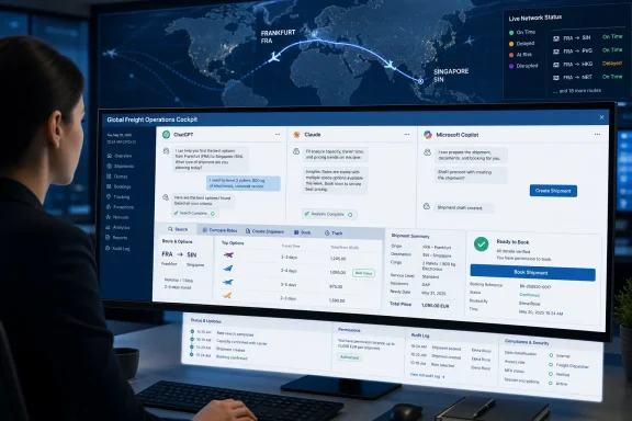 Logistics dashboard on a large screen shows global freight routes and live network status while a worker reviews details.