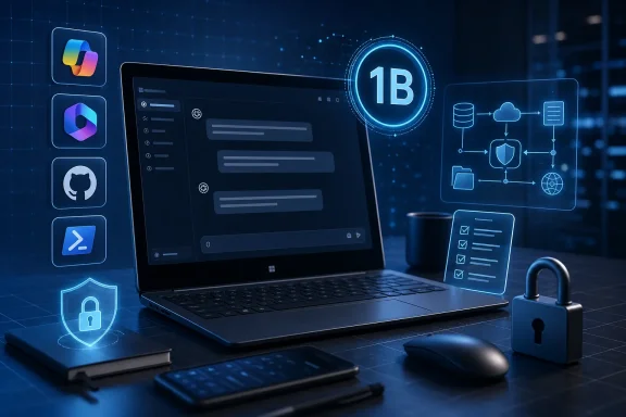 Secure blockchain computing concept with a laptop, “1B” icon, and encrypted cloud network.