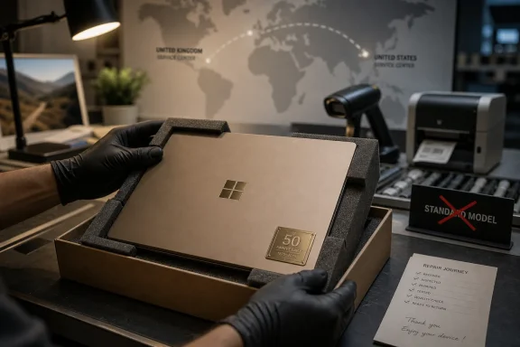 Gloved technician holds a Surface laptop for inspection in front of a world map screen.