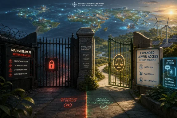 Futuristic gates split access into restricted vs lawful, over a globe networked with “distributed compute” lights.