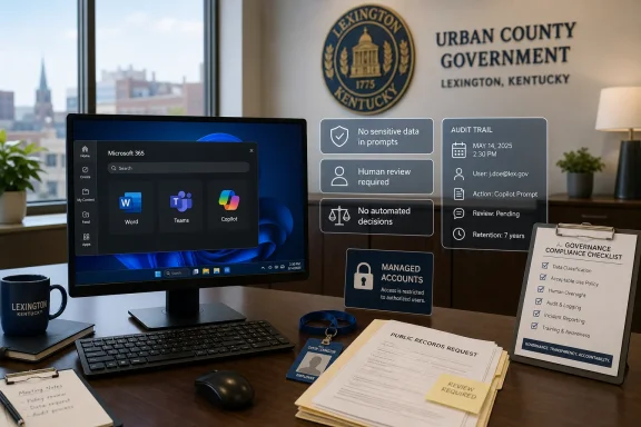 Lexington Urban County Government office desk with Microsoft 365 screen, compliance checklist, and audit trail signage.