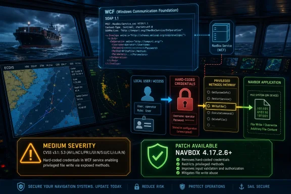 Naval navigation console shows a WCF service vulnerability flow, warning of hard-coded credentials and file-write abuse.