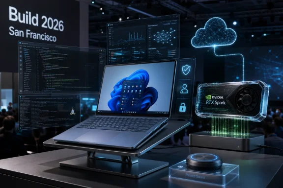 Futuristic conference display shows a laptop, cloud AI graphic, and NVIDIA RTX Spark branding.
