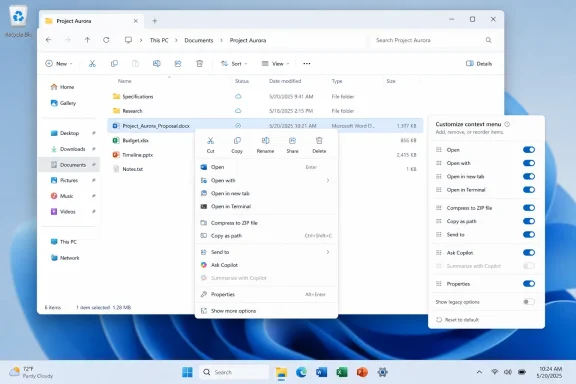 Windows File Explorer shows Project Aurora folders with a context menu open for file actions.
