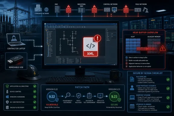Cybersecurity dashboard shows a “Heap Buffer Overflow” alert with network and patch-management visuals.