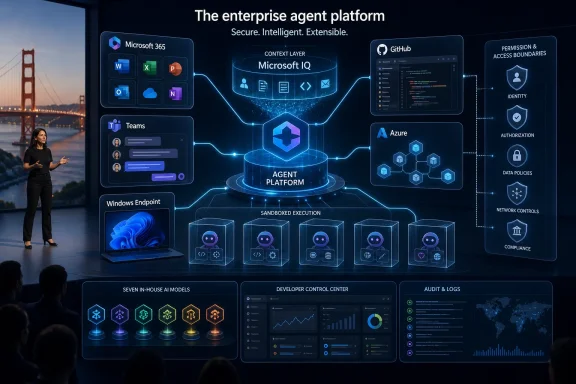 Illustration of a presenter showcasing an “enterprise agent platform” with Microsoft tools, security, and agent workflow.