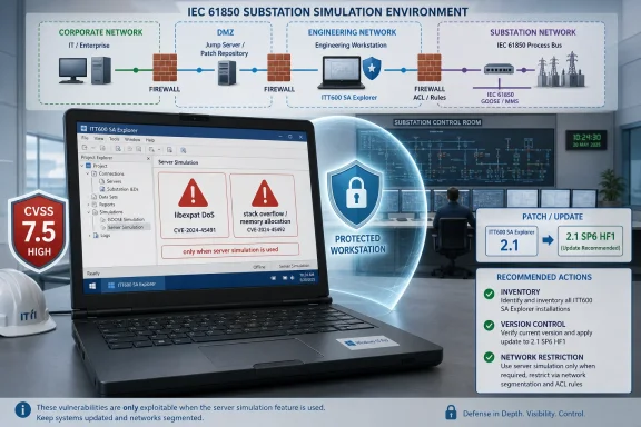 IEC 61850 substation simulation dashboard on a laptop with cybersecurity alerts and patch recommendations.