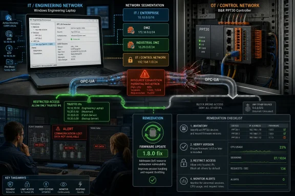 Cybersecurity control room dashboard shows segmented IT/OT networks, OPC-UA links, and a DoS/alert warning.