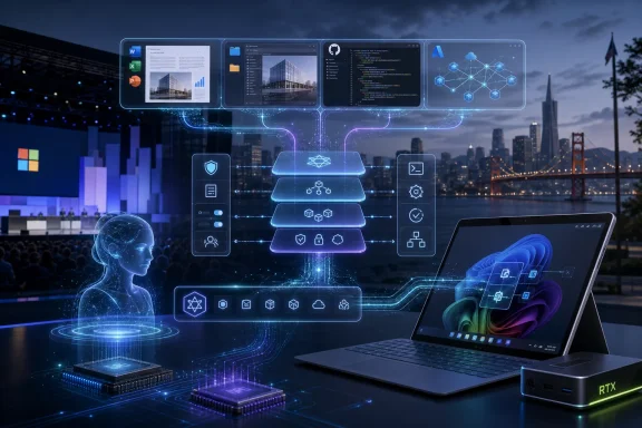 Futuristic conference scene with holographic cloud-security tech over laptops and chips in a city skyline.