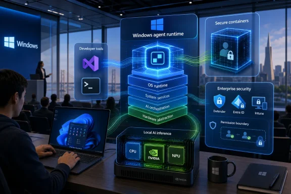 Tech presentation shows Windows agent runtime, OS stack layers, and enterprise security icons in a conference room.