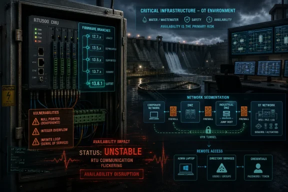 Industrial control rack shows unstable RTU firmware, vulnerabilities, and network segmentation for OT environment.