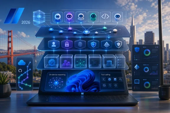 AI cloud assistant shown as futuristic UI icons on a laptop screen above a city skyline.