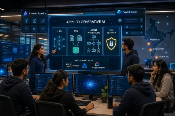 Tech team presenting an “Applied Generative AI” dashboard with multi-cloud tools in a modern office.