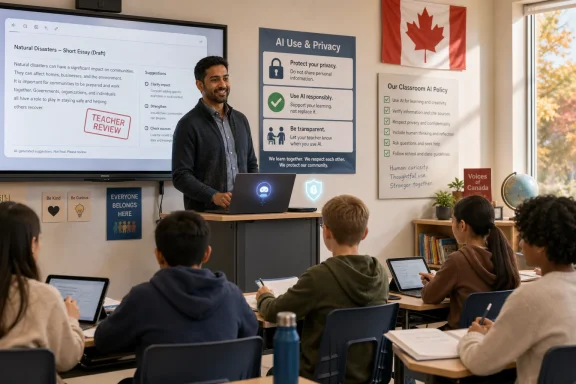 Teacher presents an AI use and privacy policy while students watch in a classroom.