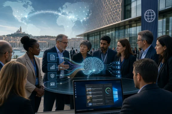 Business leaders confer with digital AI holograms in an international conference setting by the waterfront.