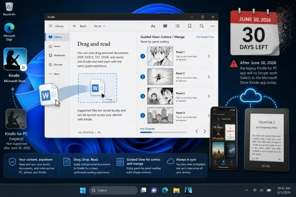 Screenshot of Kindle for PC guided view, showing drag-and-read comics/manga panels and June 30, 2026 notice.