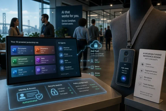 Office scene showing an AI productivity dashboard, “Zero Trust” security visualization, and an AI wearable badge display.