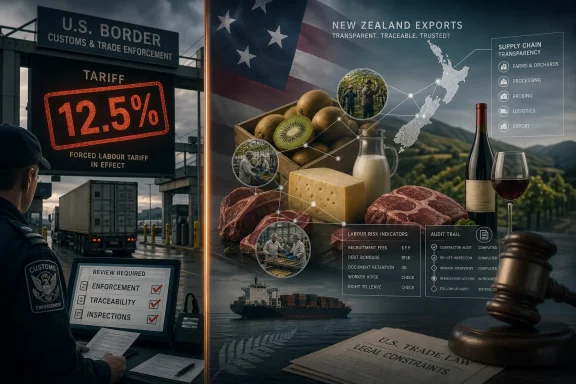 Customs enforcement scene with a “12.5% tariff” screen and supply-chain transparency infographic for New Zealand exports.
