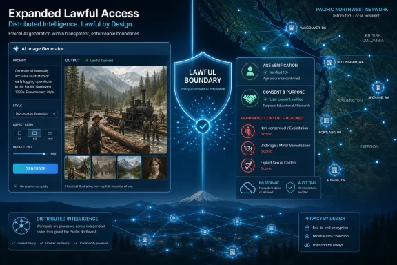 Tech infographic showing “Expanded Lawful Access” with AI image generator, lawful boundaries, and Pacific Northwest network map.