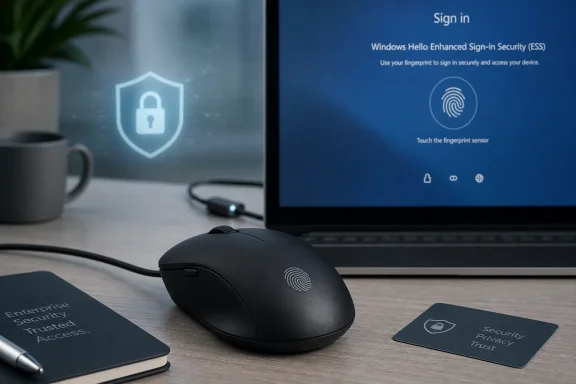 Laptop and fingerprint mouse ready for Windows Hello enhanced sign-in security, with security cards nearby.
