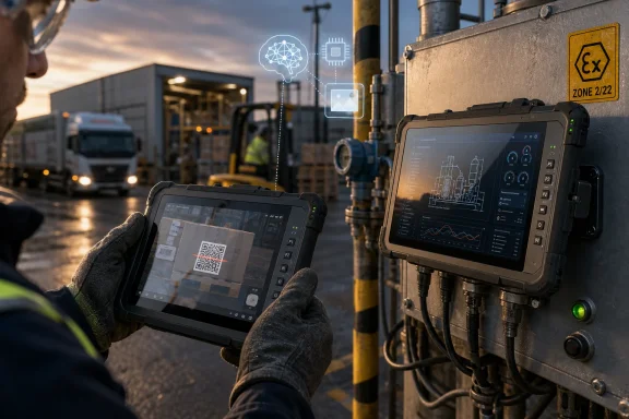 Technician uses rugged tablets to view QR and networked analytics at an industrial facility with IoT overlay.