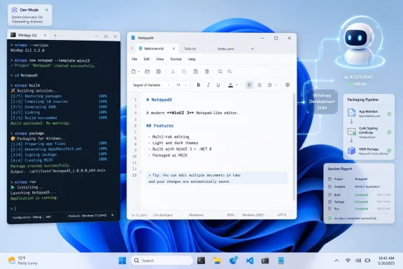 Developer mode setup on Windows shows building NotepadX with WinApp CLI, Notepadax editor, and packaging pipeline.