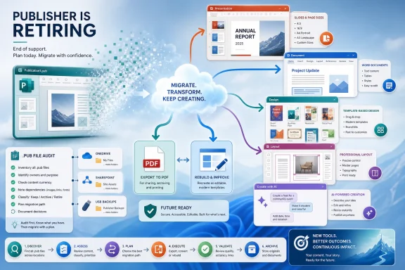 Infographic about migrating from retiring desktop Publisher to future-ready document tools with templates and exports.