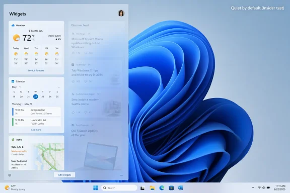 Windows 11 Widgets panel with weather/calendar and a blue ribbon-style desktop background.