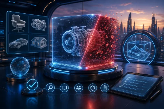 Futuristic holographic device scanning a split engine model with glowing blue/red effects.