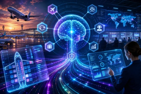 Futuristic airport control room scene with a glowing digital globe, icons, and jet aircraft at sunset.