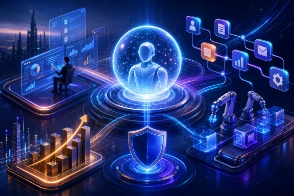 Futuristic digital network shows a central AI avatar with linked icons, cybersecurity shield, and robot on blue HUD.