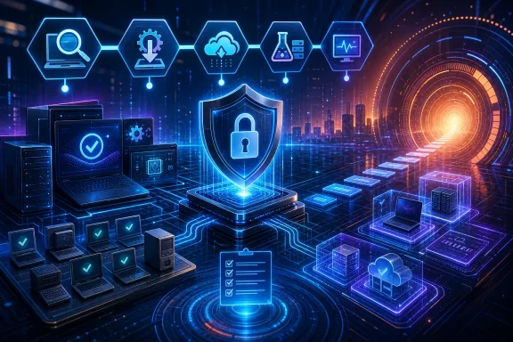 Cybersecurity network scene with digital shields, locks, and cloud/server icons glowing in neon blue.