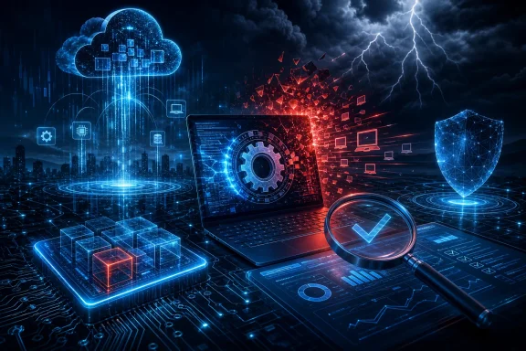 Cybersecurity scene with a laptop, magnifying glass, glowing data cloud, and stormy shield threat.