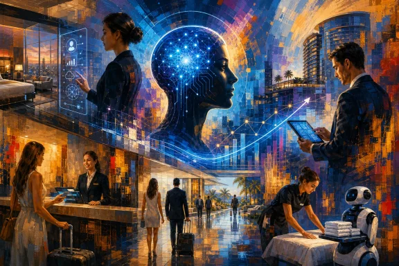 Futuristic hotel lobby with staff and guests as AI holograms map a glowing digital network.