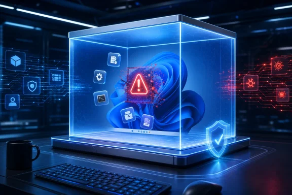Futuristic cybersecurity display with warning icon and file/error symbols inside a glowing glass cube.