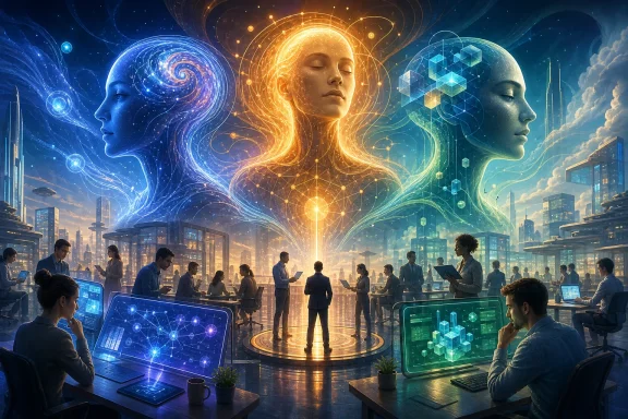 Futuristic office with people analyzing screens as glowing AI-like faces merge with data streams.