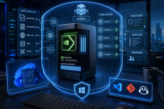 Futuristic AI agent workflow dashboard surrounding a GPU server in a blue tech lab.