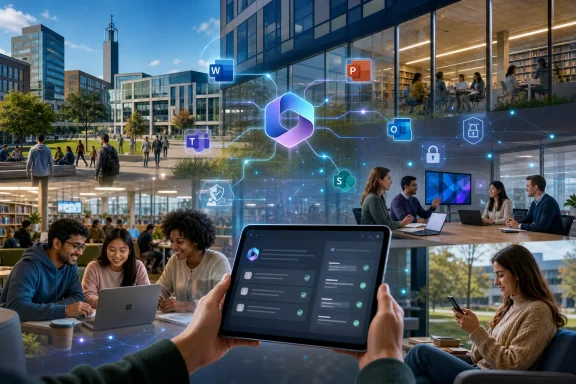 Students collaborate in a modern campus library as digital icons and network security overlays float above.