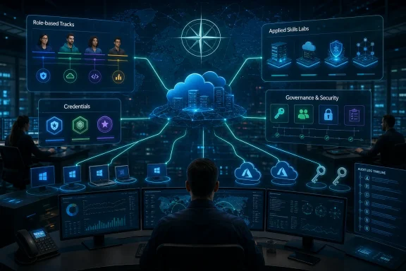 Tech operations control room with cloud security dashboard, role tracks, credentials, and applied skills labs.