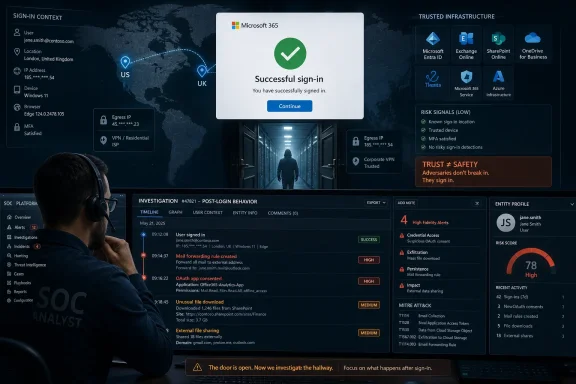 Cybersecurity dashboard shows a successful Microsoft 365 sign-in with risk signals and trusted infrastructure.