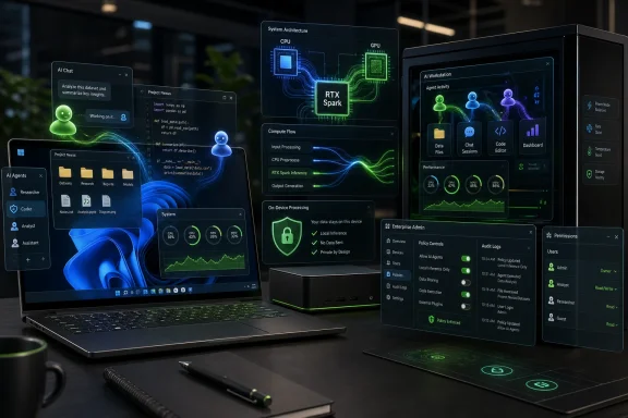 Futuristic AI workstation with holographic dashboards showing GPU/CPU activity, chat tools, and security controls.