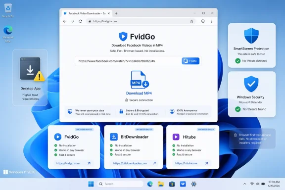Screenshot of the Fvi dGo browser page for downloading Facebook videos as MP4 on Windows 11.