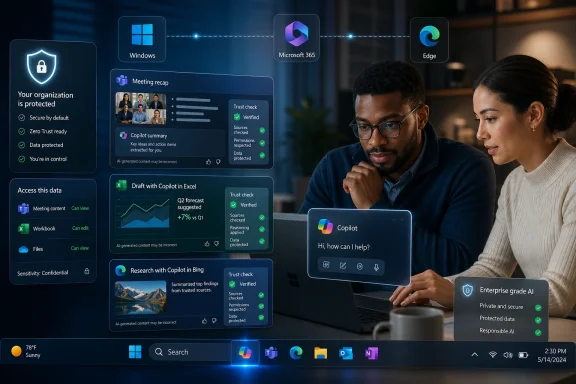 Two professionals use Microsoft Copilot on a laptop with security and productivity trust-check overlays.