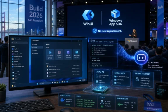 Microsoft Build 2026 demo shows Windows App SDK and WinUI tooling with an AI assistant dashboard.